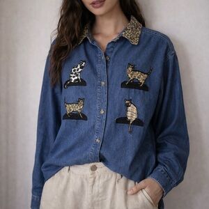 Vintage 90s Victoria Jones Blue Denim Cat Embroidered Shirt XL Leopard Collar
